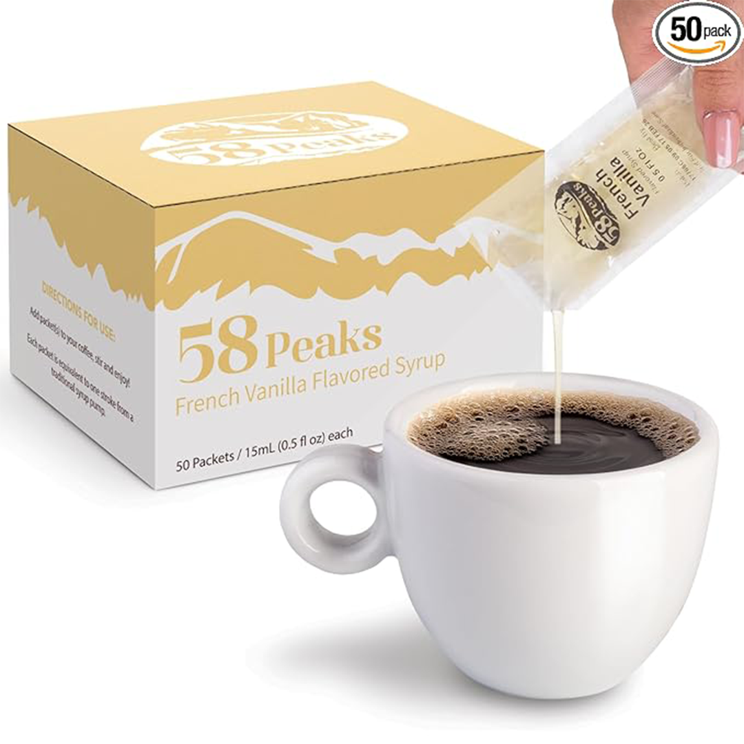 58Peaks French Vanilla Syrup Packets ƒ?? To-Go Flavoring for Coffee, Tea & Milkshakes | Sugar-Free Drink Sweetener