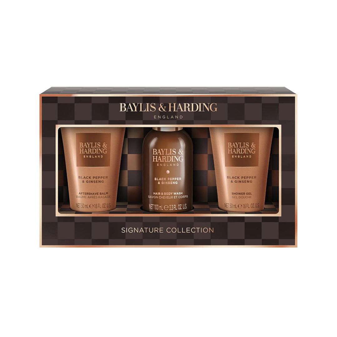 Baylis & Harding Men’s Luxury Gift Set, Black Pepper & Ginseng, Mini Trio Toiletries Collection | Vegan Friendly, Body Wash, Shower Gel & Shampoo | Travel Size Grooming Kit