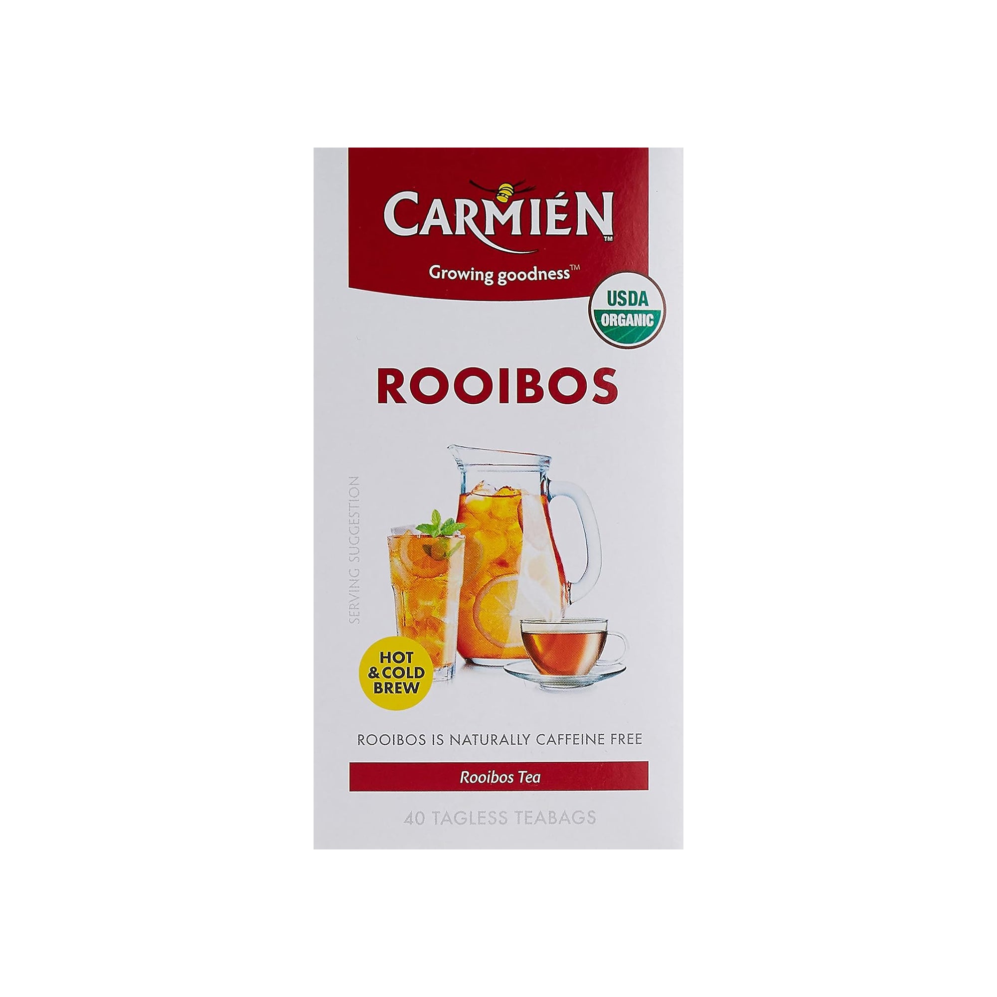 Carmién Organic Rooibos Tea – USDA Organic, Naturally Caffeine-Free Herbal Tea | 40 Tagless Tea Bags (100g)