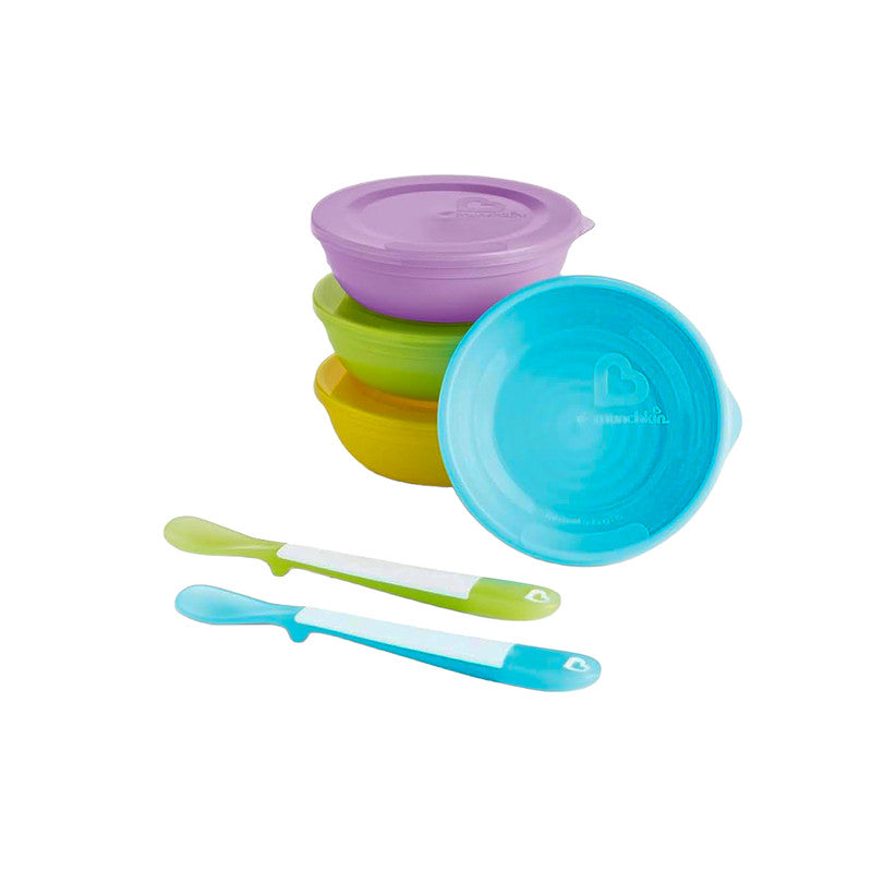 Munchkin Love-a-Bowls, very safe for the little one, colorful bowls with lid, comes with 2 spoons, easy for the little hands, BPA free, Infant/baby/Toddler/Kids, 10-pcs set