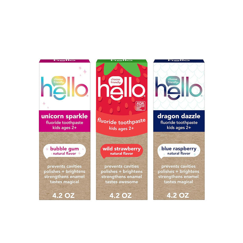 hello Variety (Unicorn, Strawberry, Dragon) Fluoride Kids Toothpaste, Anticavity, Natural Flavors, Vegan, SLS Free, Gluten Free, Ages 2+, 4.2 Ounce (Pack of 3)