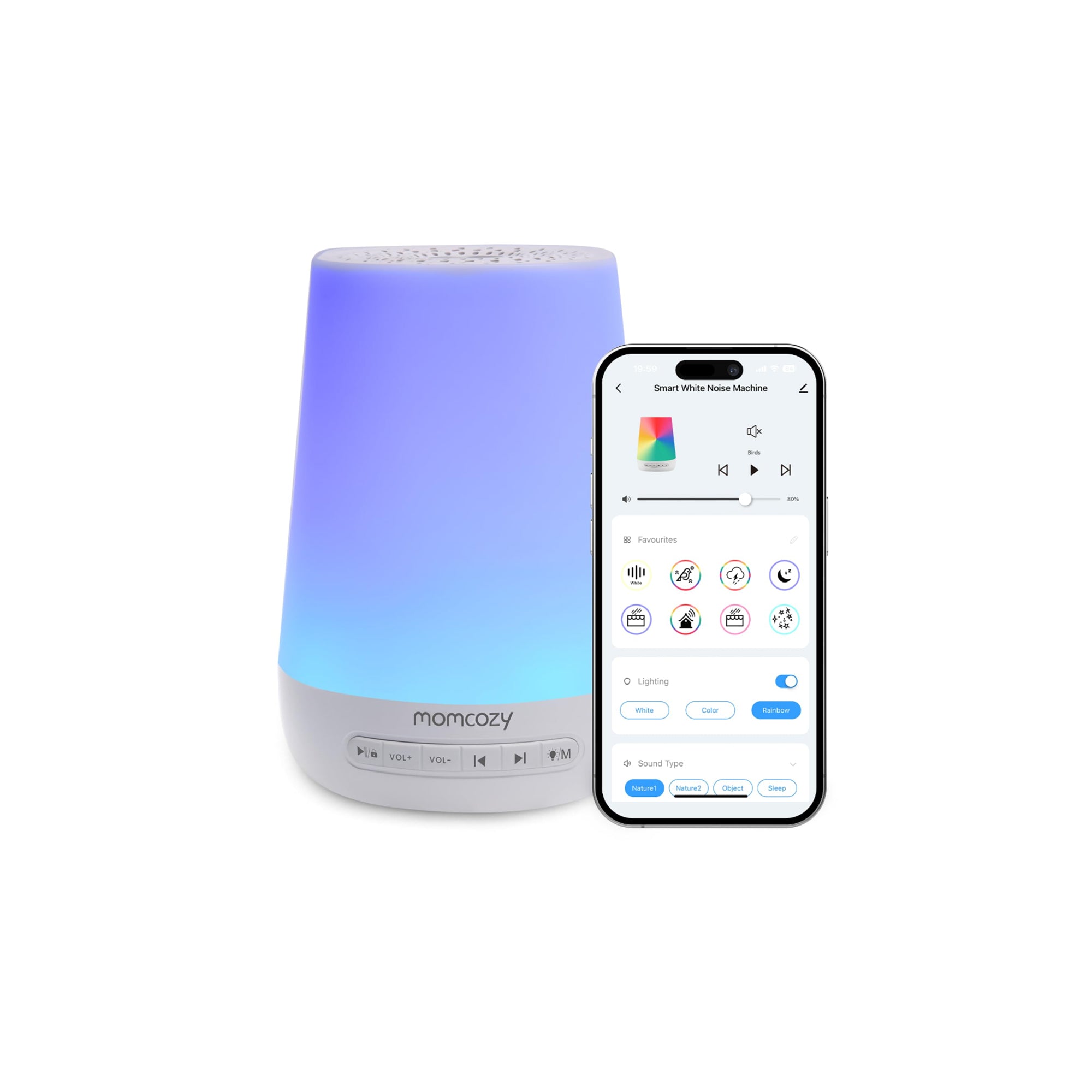 Momcozy DB03 White Noise Machine Baby 34 Sounds Night Light App Control White