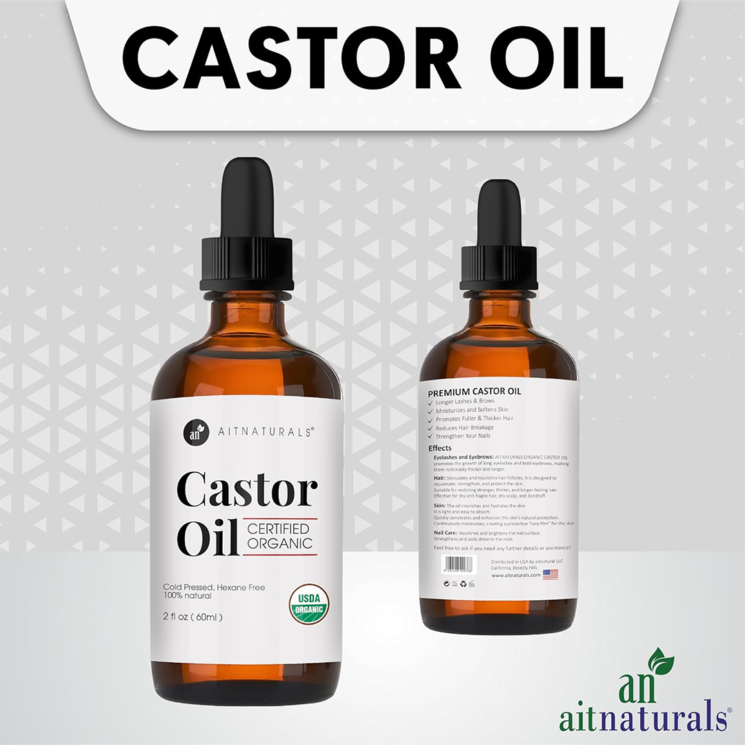 Aitnaturals Organic Castor Oil ƒ?? 100% Pure Cold Pressed Castor Oil (60ml)