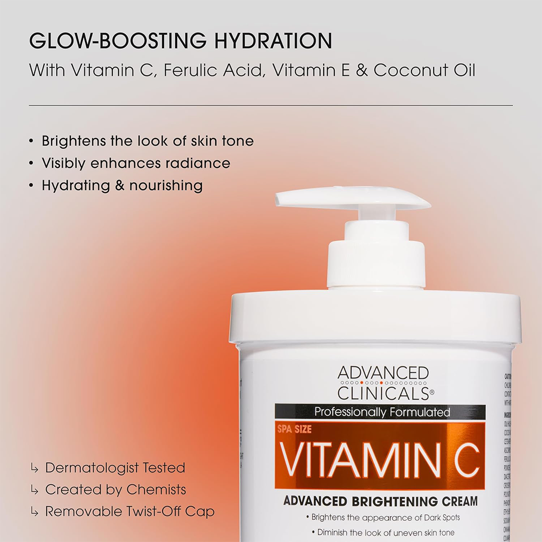 Advanced Clinicals Vitamin C Cream Advanced Brightening Anti Aging Face Hands Body 16oz