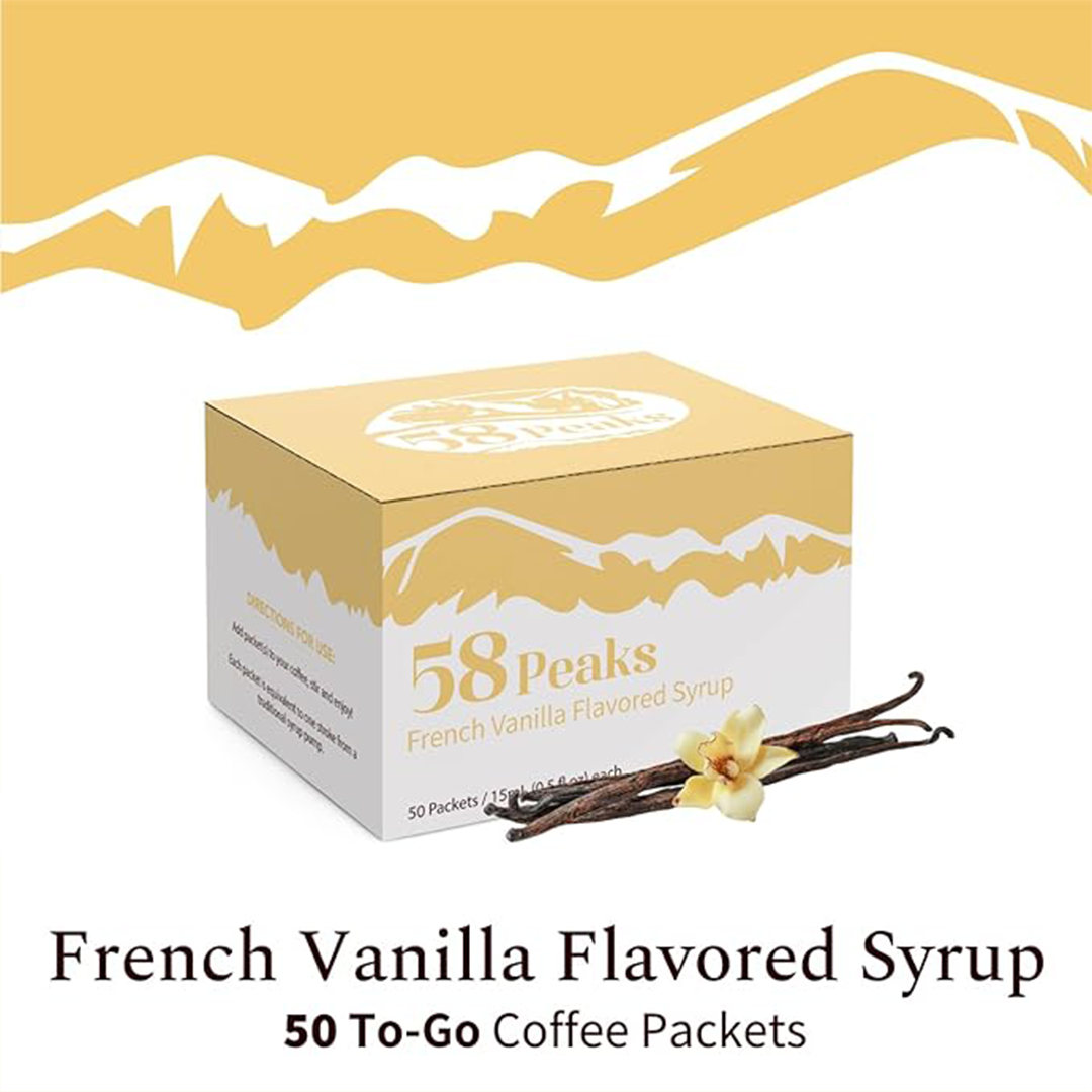 58Peaks French Vanilla Syrup Packets ƒ?? To-Go Flavoring for Coffee, Tea & Milkshakes | Sugar-Free Drink Sweetener