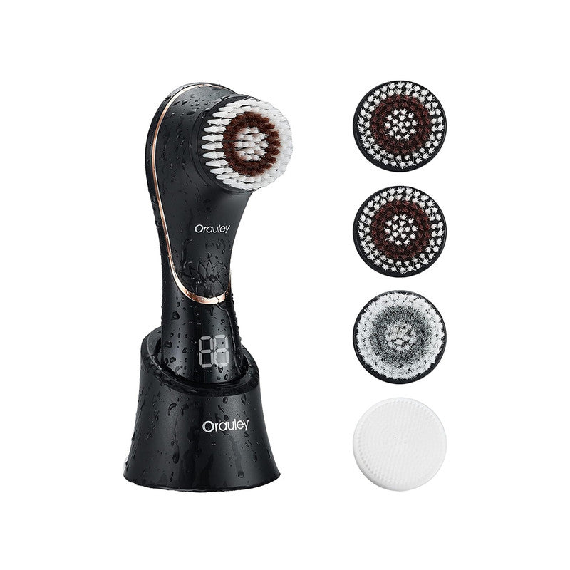 فرشاة تنظيف الوجه، مقشر كهربائي للوجه قابل لإعادة الشحن، مقاوم للماء بمعيار IPX-7، منظف دوار للتقشير والتدليك والتنظيف العميق للنساء والرجال، مزود بأربعة رؤوس فرشاة، لون أسود