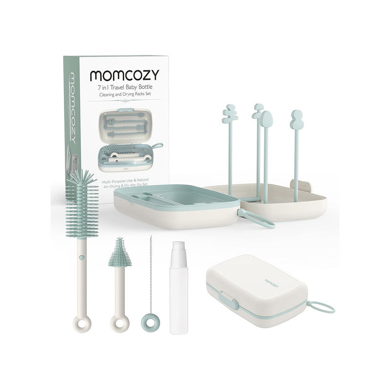 Momcozy Bottle Brush Set - Baby Bottle Cleaner Kit with Silicone Brush, Nipple Straw Brush, Soap Dispenser, Drying Rack - 7 in 1 Bottle Cleaning Tool for Home and Travel