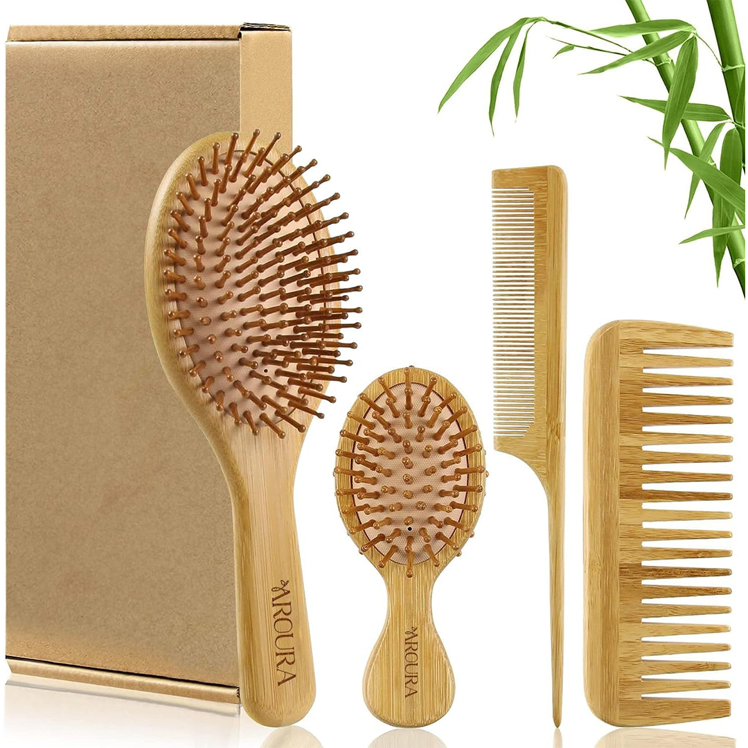Aroura Bamboo Hair Brush Set Wide Tooth Comb Paddle Detangling Brush No Bristle for Thick Curly and Dry Hair for Men Women Kids