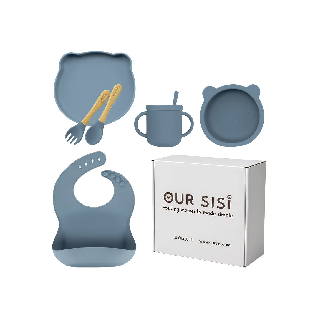6-Piece Baby Feeding Set – Silicone Dinnerware with Bib, Cup, Plate, Bowl & Utensils (Blue)