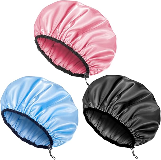 Satin Bonnet Set – 3-Pack Adjustable Sleeping Caps (Pink, Blue, Black)
