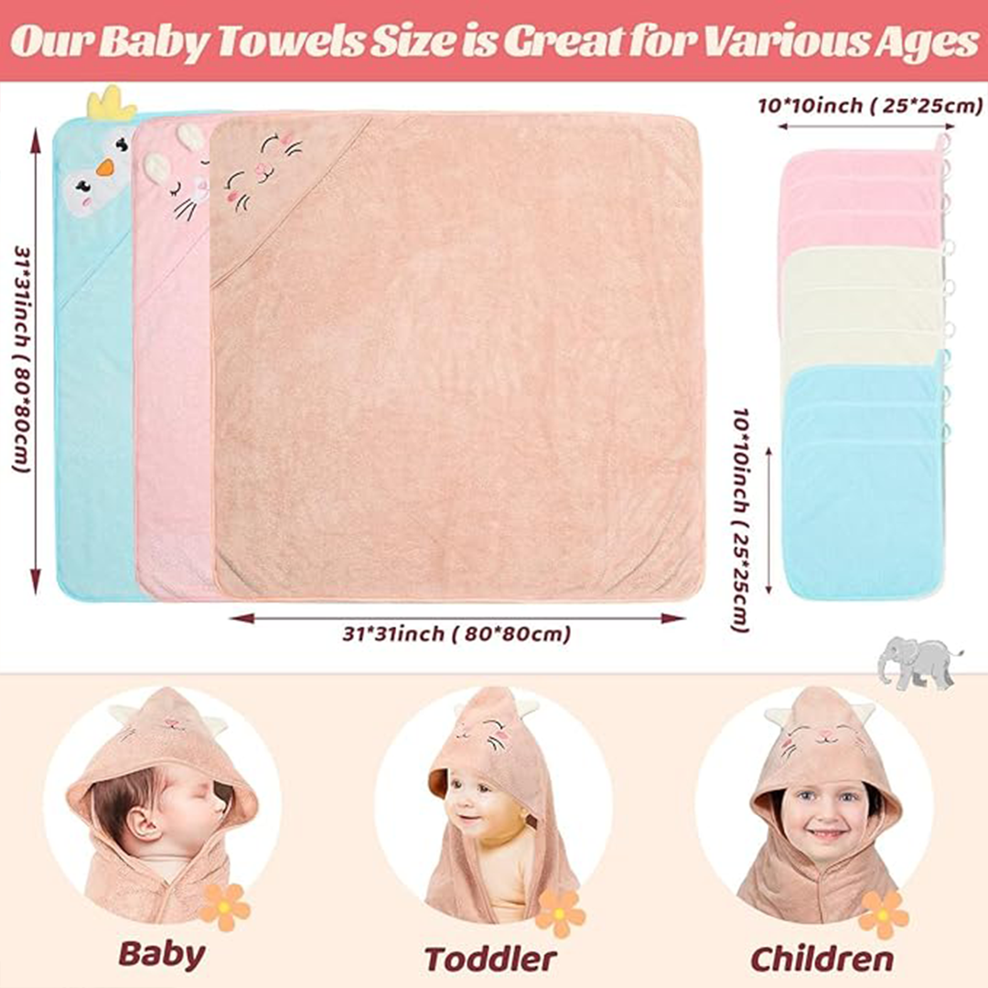 12 PCS Hooded Baby Towels, Soft Towels, Absorbent Bath Towel, 3 PCS Baby Washcloths, and 9 PCS Towels for Newborns, 32x32 Inch