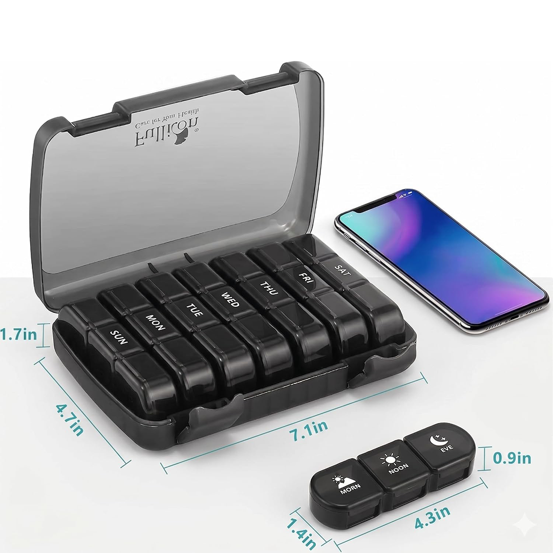 Fullicon Portable Travel Medicine Organizer 3 Times 7 Days 21 Compartments Light-Proof Pill Box | Weekly Daily Vitamin & Medication Storage Case