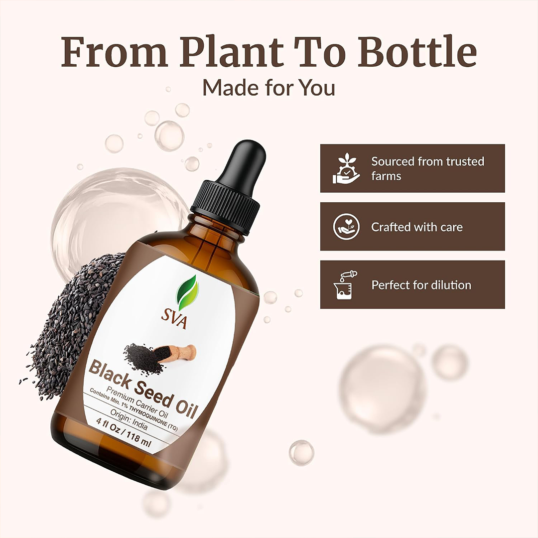 SVA Black Seed Oil - 4 Fl Oz 100% Natural Cold Pressed Black Seed Oil - for Face, Skin Care, Hair Care, Scalp Massage & Body Massage Carrier Oil...