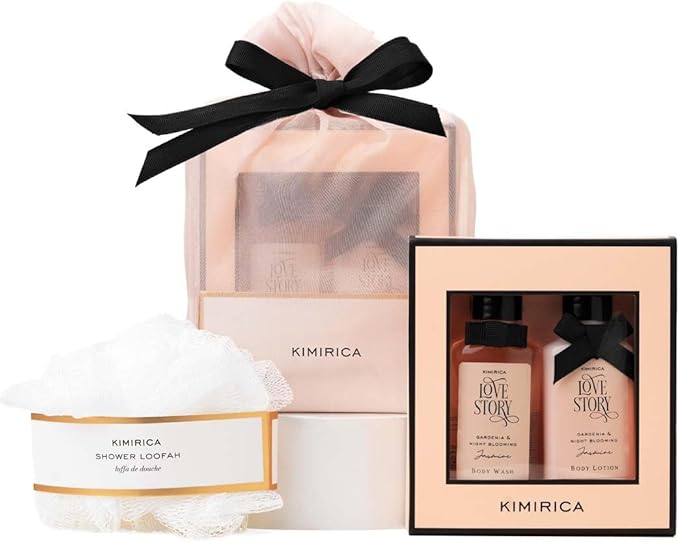 Kimirica "Nothing But Love" Duo Potli gift set | Fragrance of Gardenia and Night Blooming Jasmine | Contains Shower gel, Body Lotion, Loofah and Resuable Potli (50 ml each)
