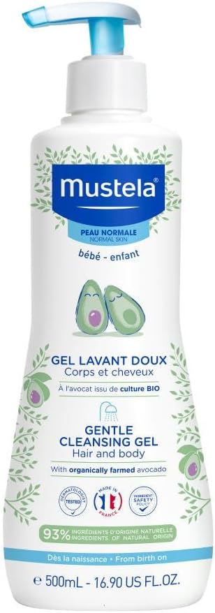 Mustela Baby Gentle Cleansing Gel - Baby Hair & Body Wash - with Natural Avocado fortified with Vitamin B5 - Biodegradable Formula & Tear-Free - 500ml
