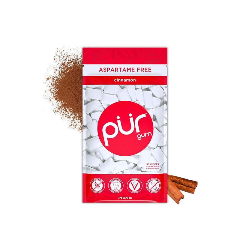 PUR Sugar Free Chewing Gum 55 Pieces Cinnamon Flavor 100% Xylitol Vegan Aspartame Free Gluten Free Diabetic Friendly Gum