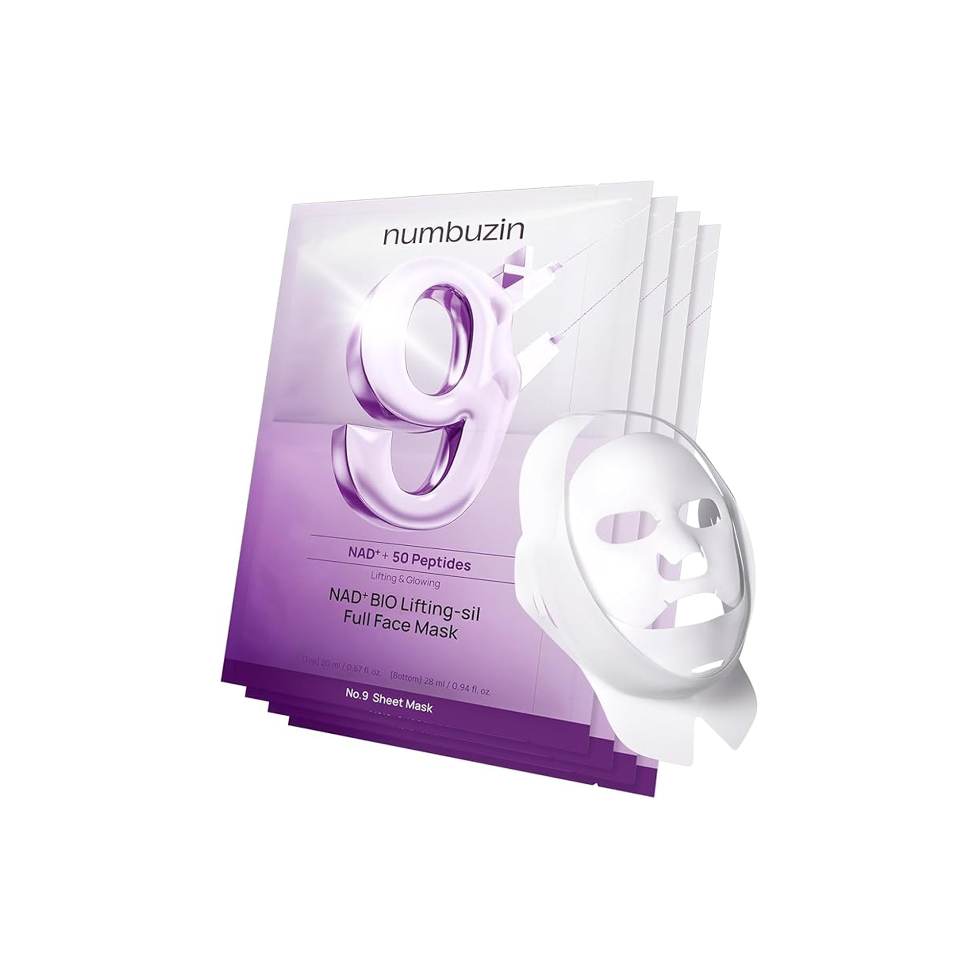 Numbuzin No.9 Sheet Mask NAD+ Bio Lifting Full Face Mask with Peptides Collagen Jawline and Neck Firming 4 Sheets with Lifting Band