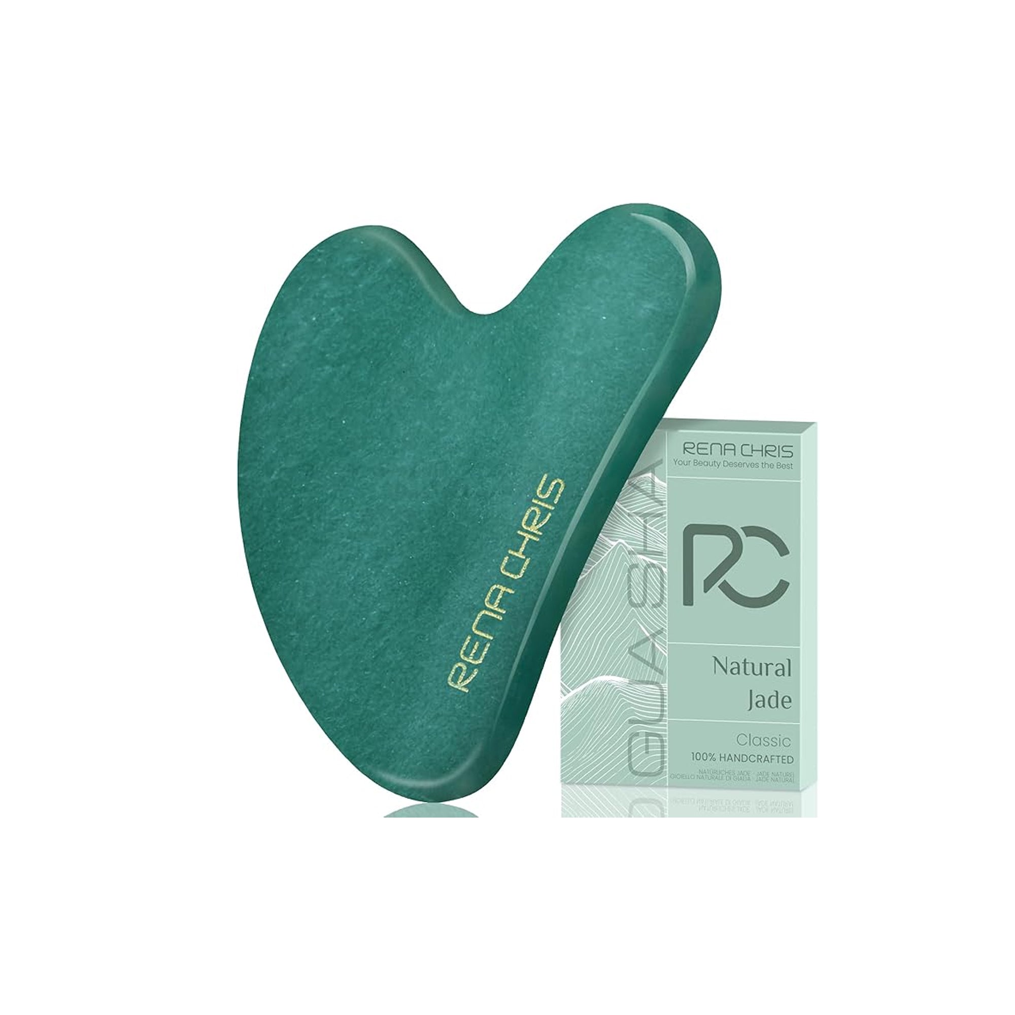 Rena Chris Natural Jade Gua Sha Facial Tool Green Stone Face Massager for Jawline Sculpting and Puffiness Reduction