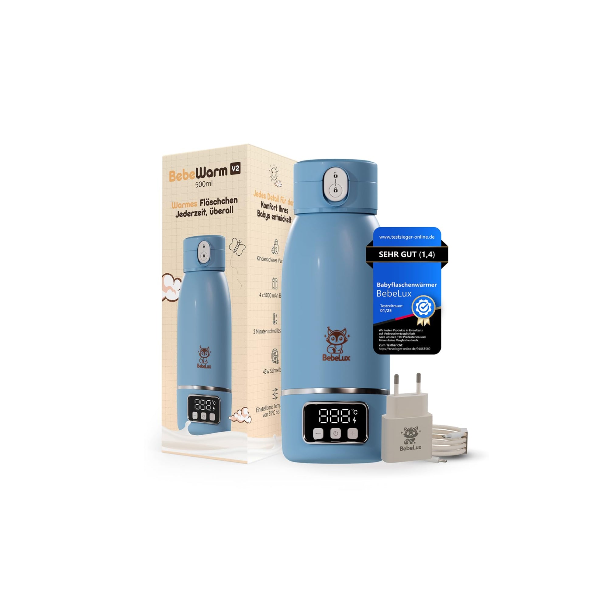 BEBELUX V2 Baby Bottle Warmer Adjustable 35 to 100 Degree BPA Free Blue