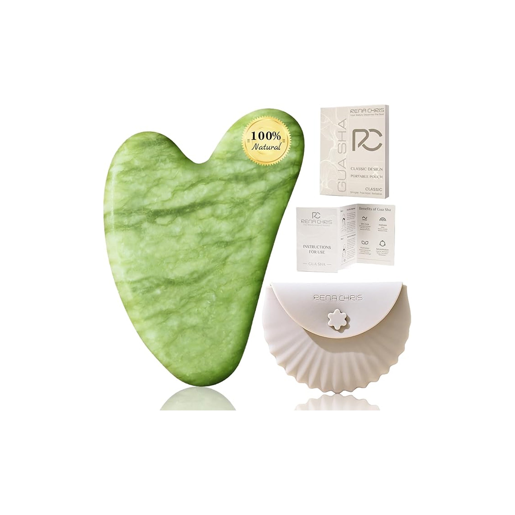 Rena Chris Jade Gua Sha Facial Tool Green Xiuyan Stone Face Massager for Lifting Sculpting and Puffiness Reduction with Silicone Case