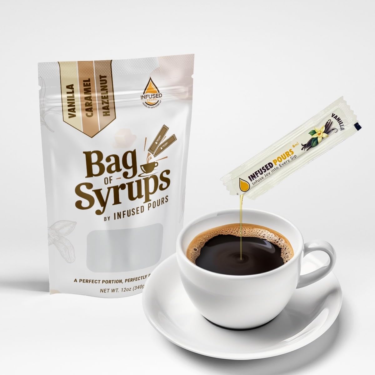 Single Serving Syrup Packets Variety Pack Vanilla, Caramel & Hazelnut (30 Count, 6mL Each) | Coffee & Cocktail Flavor Syrups