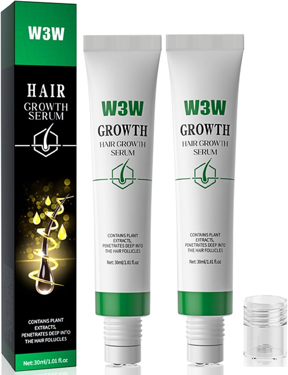 W3W Hair Growth Serum Roll On 2 x 30ml Plant Extract Formula for Fuller Looking Hair and Scalp Care