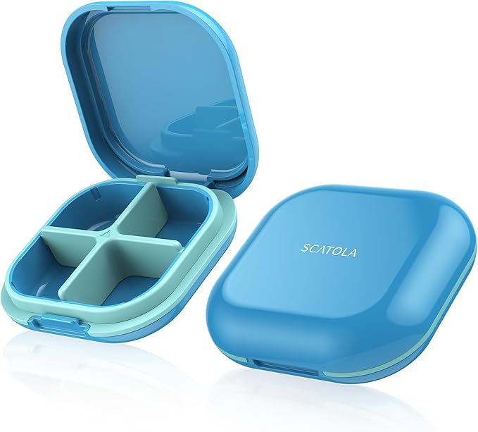 Daily Pill Organizer 4 Compartments Portable Travel Pill Box, Compact Medicine & Vitamin Storage Case for Purse, Pocket & On-the-Go Use