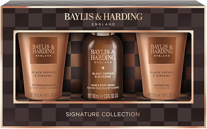Baylis & Harding Men’s Luxury Gift Set, Black Pepper & Ginseng, Mini Trio Toiletries Collection | Vegan Friendly, Body Wash, Shower Gel & Shampoo | Travel Size Grooming Kit