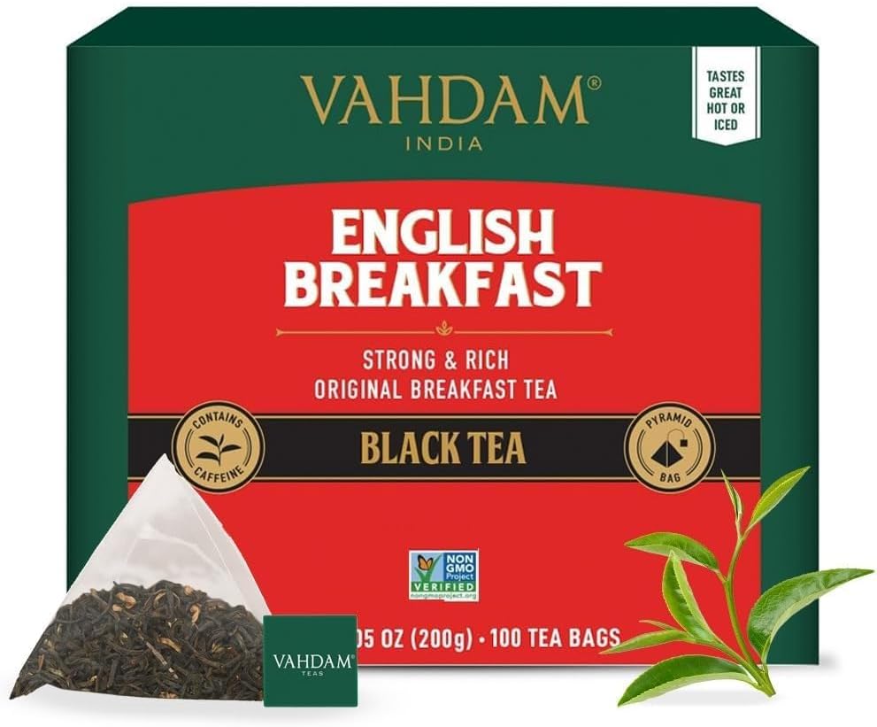 VAHDAM English Breakfast Tea Bags 100 Count Strong Robust Black Tea Pyramid Bags Halal Certified Loose Leaf Style
