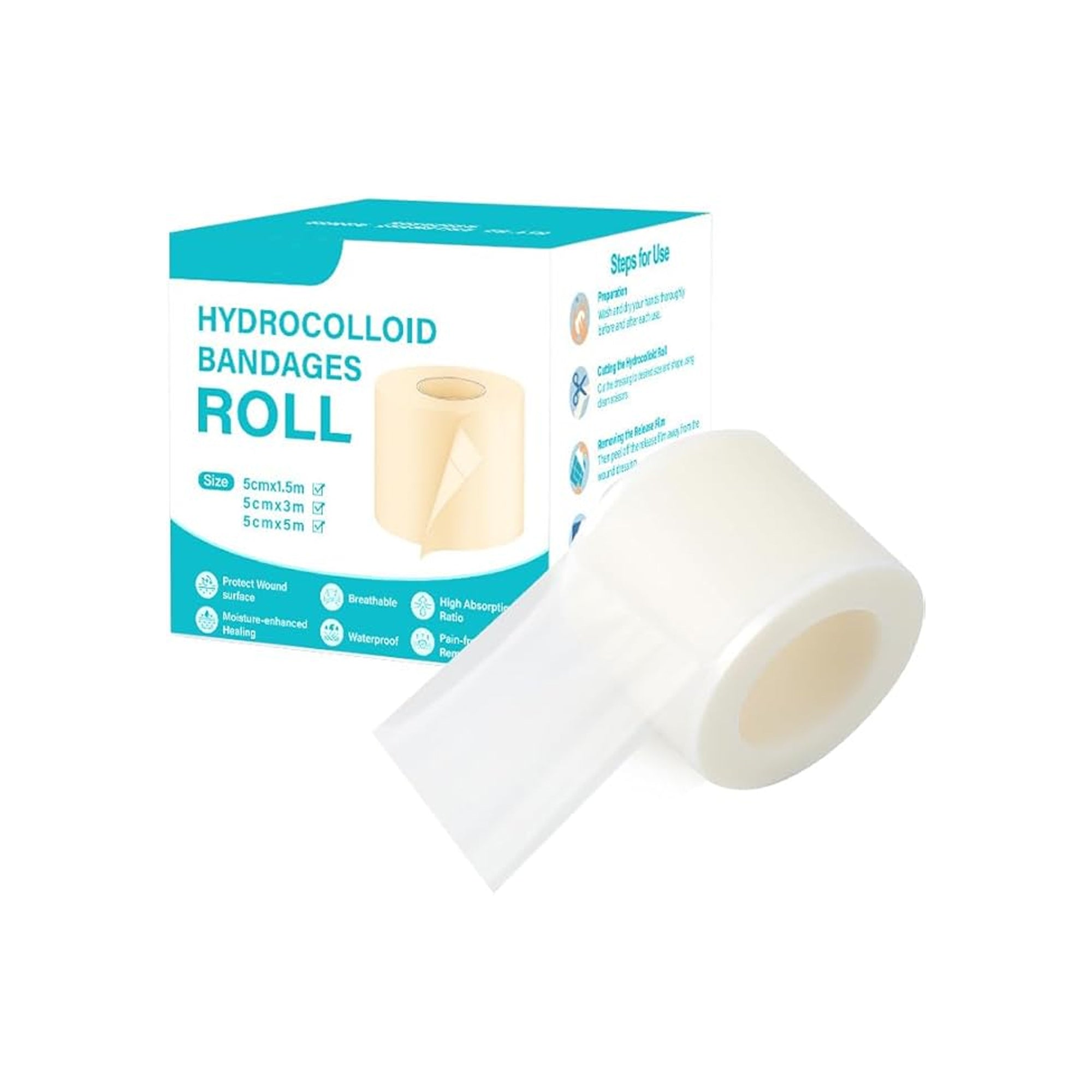 Hydrocolloid Bandage Roll 5cm x 1.5m – Cut-to-Size Waterproof Wound Care Tape | Breathable Dressing for Sensitive Skin, Hands, Feet & Face