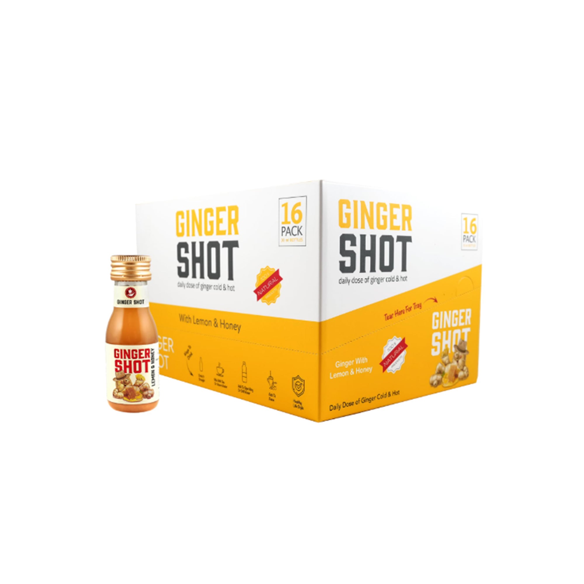 Ginger Shot Drink – Natural Ginger, Honey & Lemon Wellness Beverage, 30ml (16 Pack)