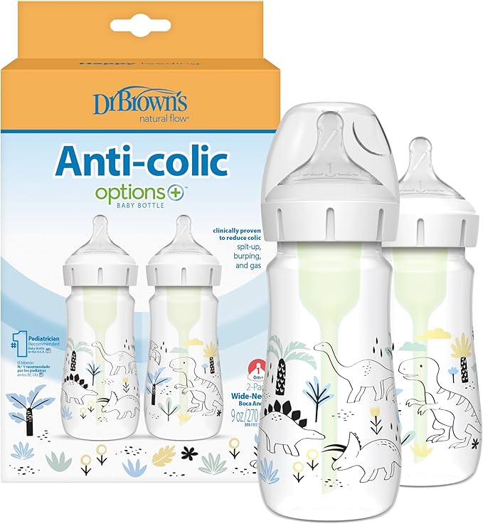 Dr. Brown's Natural Flow® Anti-Colic Options+™ Wide-Neck Baby Bottle Designer Edition Bottles, Dino Decos, 9oz/270mL, Level 1, 2-Pack, 0m+