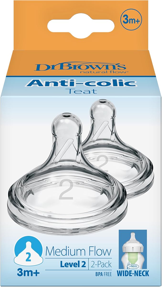 Dr. Brown's Natural Flow Level 2 Baby Bottle Nipples, 2-Pack, Medium Flow, 3+ Months