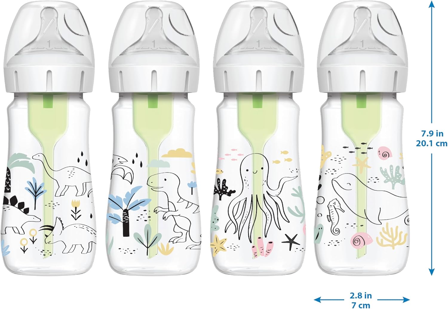Dr. Brown's Natural Flow® Anti-Colic Options+™ Wide-Neck Baby Bottle Designer Edition Bottles, Dino Decos, 9oz/270mL, Level 1, 2-Pack, 0m+