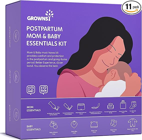 Grownsy Postpartum Mom & Baby Essential Kits, Postpartum Recovery Kit for Labor &Delivery with Hospital Essentials for Women After Birth with PERI Bottle, Herbal Cooling Spray, Herbal Cooling Liner