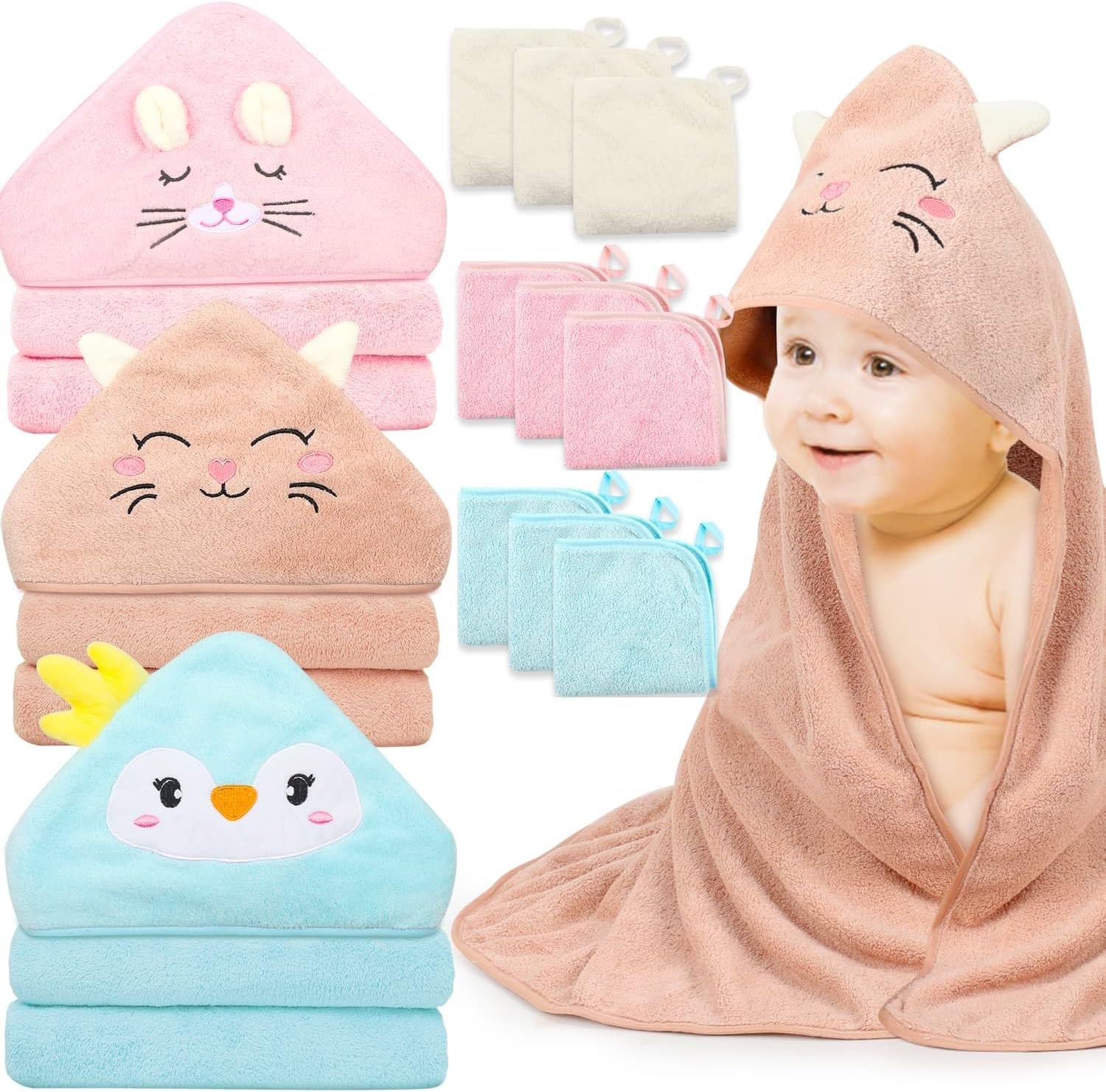12 PCS Hooded Baby Towels, Soft Towels, Absorbent Bath Towel, 3 PCS Baby Washcloths, and 9 PCS Towels for Newborns, 32x32 Inch
