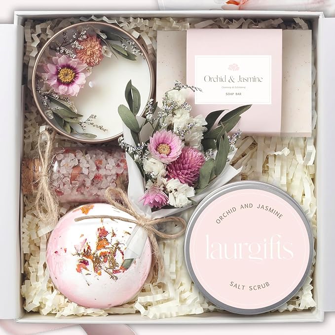 Spa Gift Box for Women Orchid & Jasmine Scent Luxury Self-Care Gift for Birthday, Christmas, Eid or Ramadan & Birthday Gift for Women Small Spa Basket for Mom, Sister, Friend