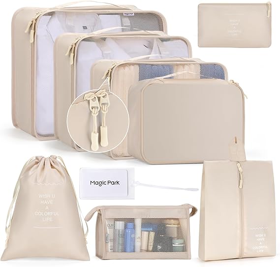 Magic Park® 8Pcs Packing Cubes for Storage Luggage Packing Cube Organizer Travel Packing Cubes Set Clothes Shoes Storage Travel Organizer Bags for Luggage (Beige)