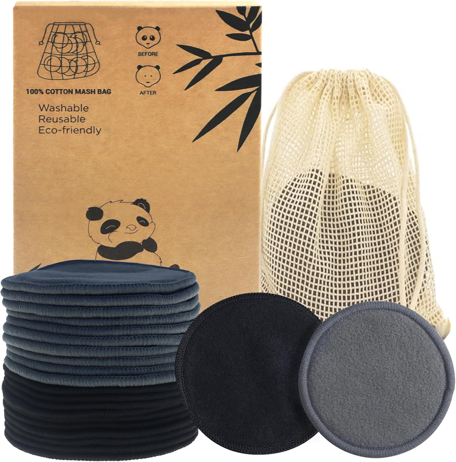 Sopurrrdy Reusable Makeup Removal Pads -20 Pack with Laundry Bag - Soft Black Reusable Cotton Makeup Remover Pads for Face Pads - Washable B