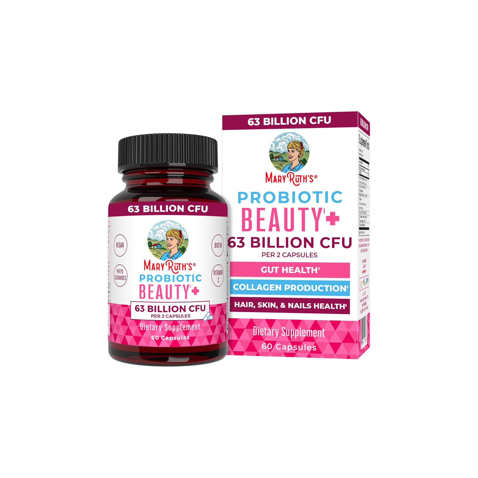 MaryRuth Organics Probiotic Beauty Capsules – Vegan Collagen & Skin Support, 60 Count