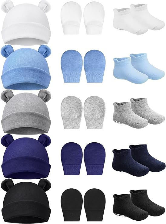 PFUTURE Newborn Baby Hat with Cute Bear Ears, Matching Mittens, and Cozy Socks Set - Soft and Comfortable Baby Accessories for 0-6 Months,Gift for Baby Showe