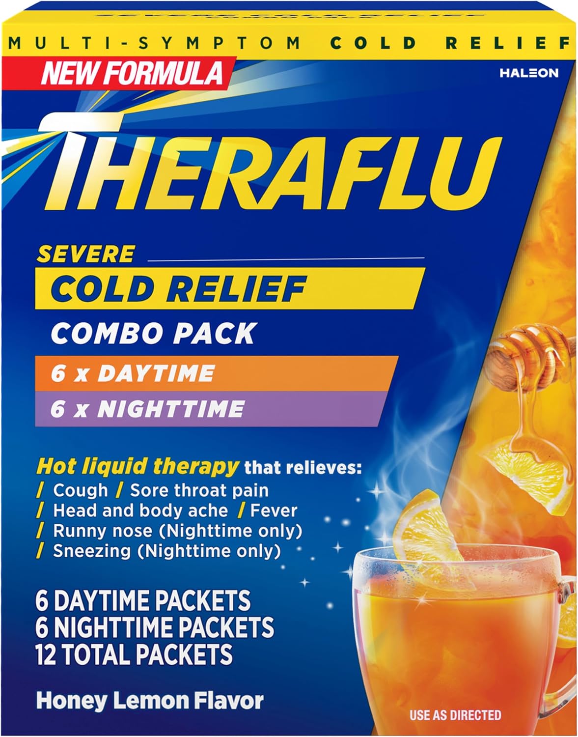 Theraflu Combo Daytime and Nighttime Severe Cold Relief Powder, Honey Lemon Flavor, 12 Count, 6 Daytime + 6 Nighttime