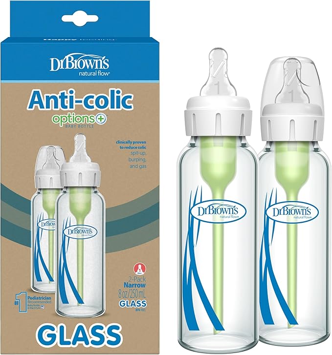 Dr. Brown’s Natural Flow® Anti-Colic Options+™ Narrow Glass Baby Bottles 8 oz/250 mL, with Level 1 Slow Flow Nipple, 2 Pack, 0m+