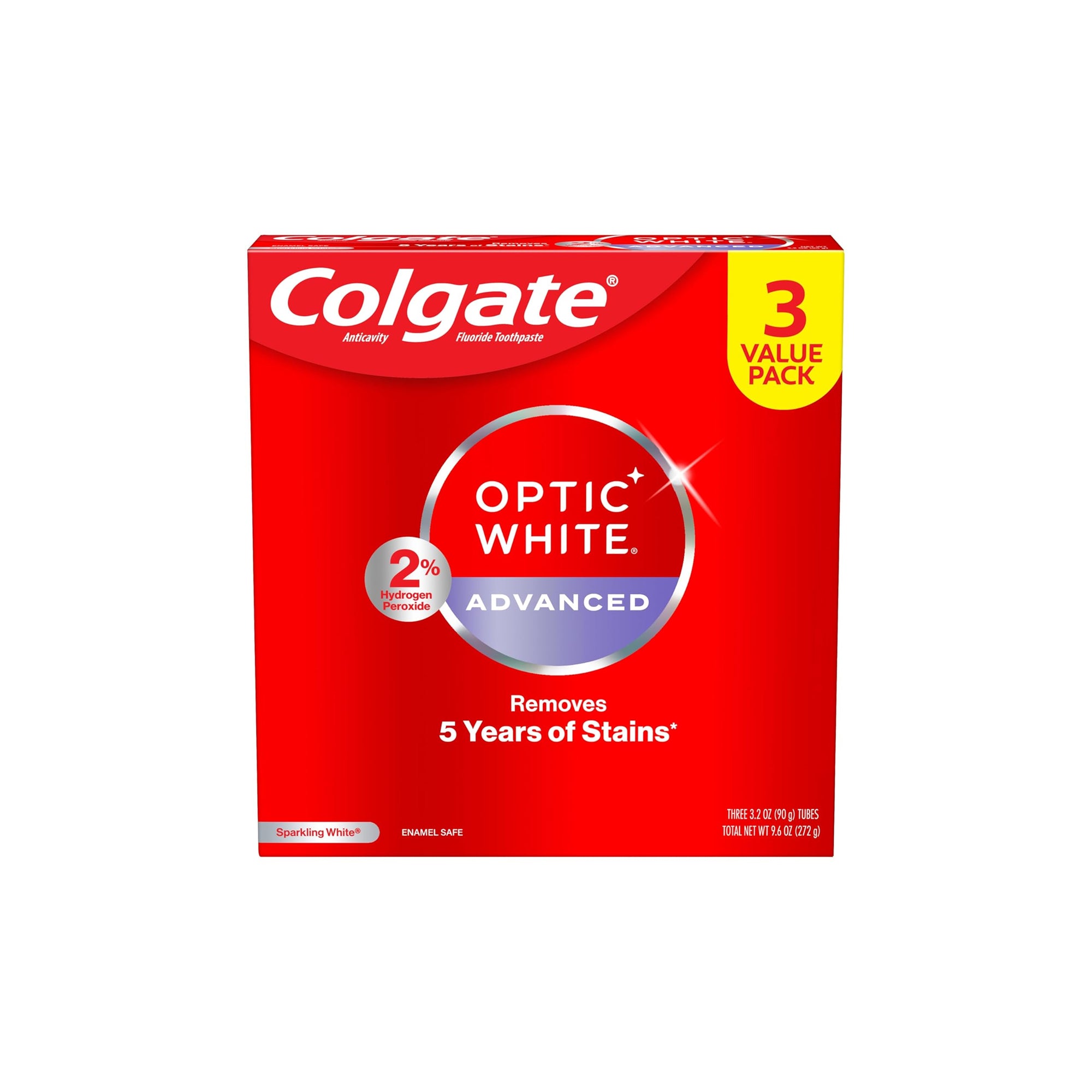 Colgate Optic White Advanced Hydrogen Peroxide Toothpaste – Enamel-Safe Whitening, 3-Pack, 3.2 oz
