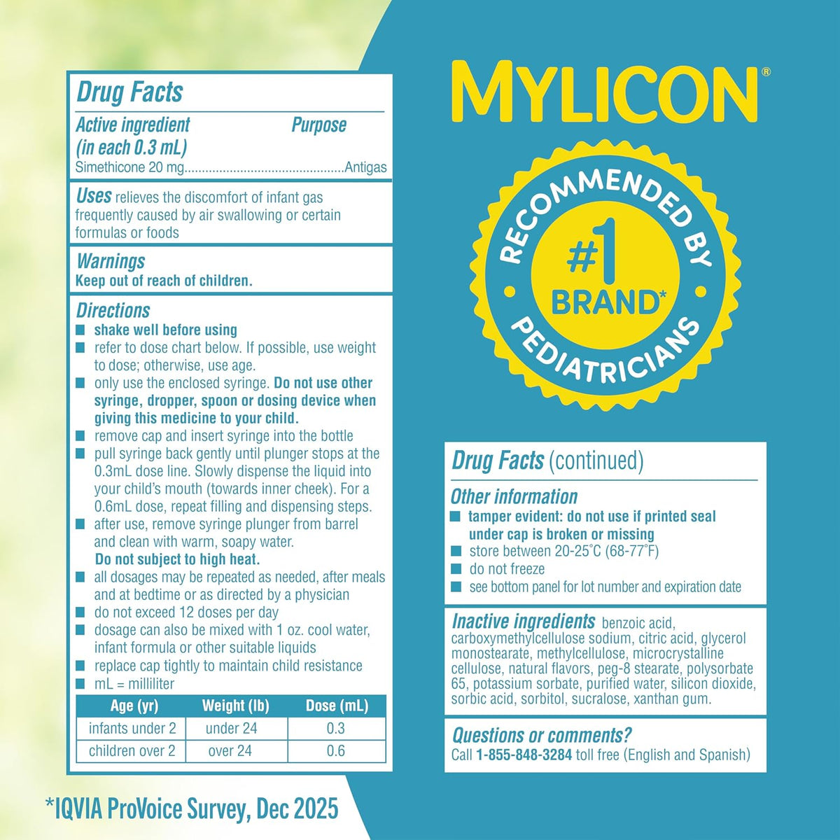Infants’ MYLICON Gas Relief Drops, Dye-Free Simethicone Anti-Gas Formula, 1 fl oz (30 mL) – Pack of 3