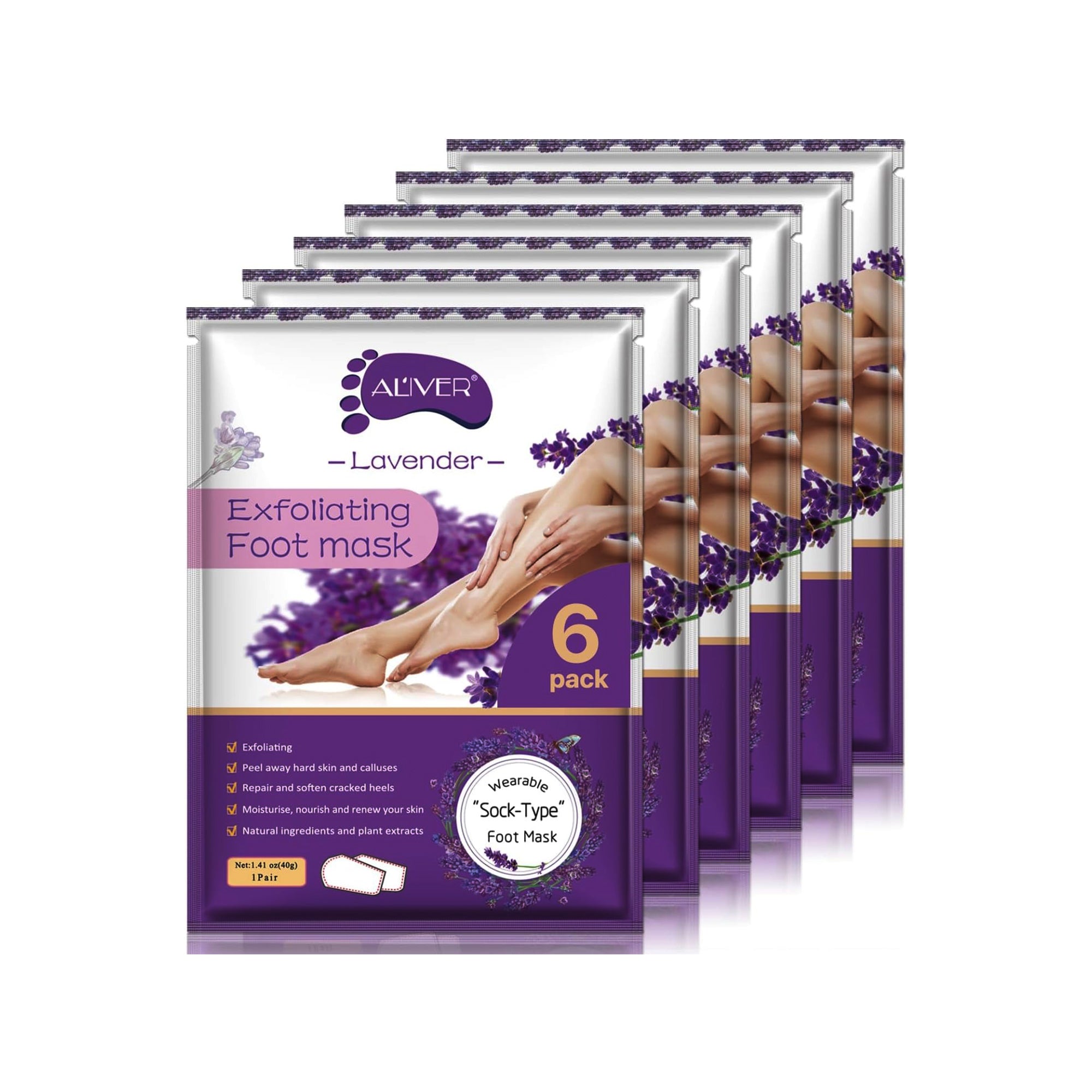 ALIVER – Lavender Exfoliating Foot Peel Mask (6 Pack)