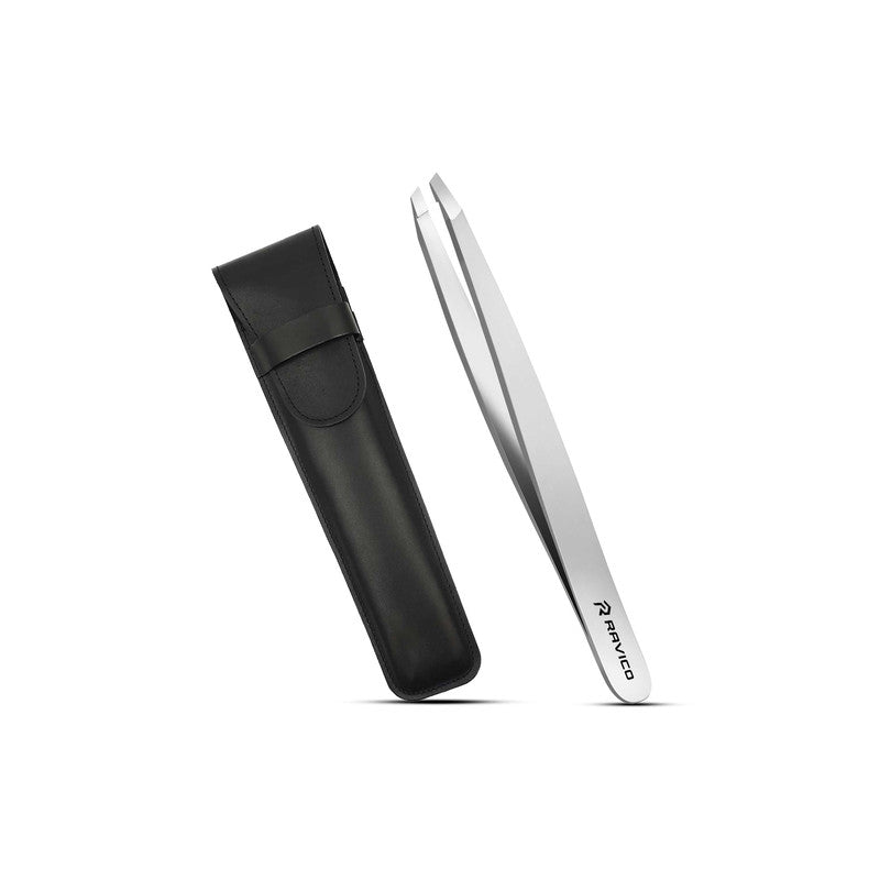 Professional Stainless Steel Slanted Eyebrow Tweezers with Travel Case