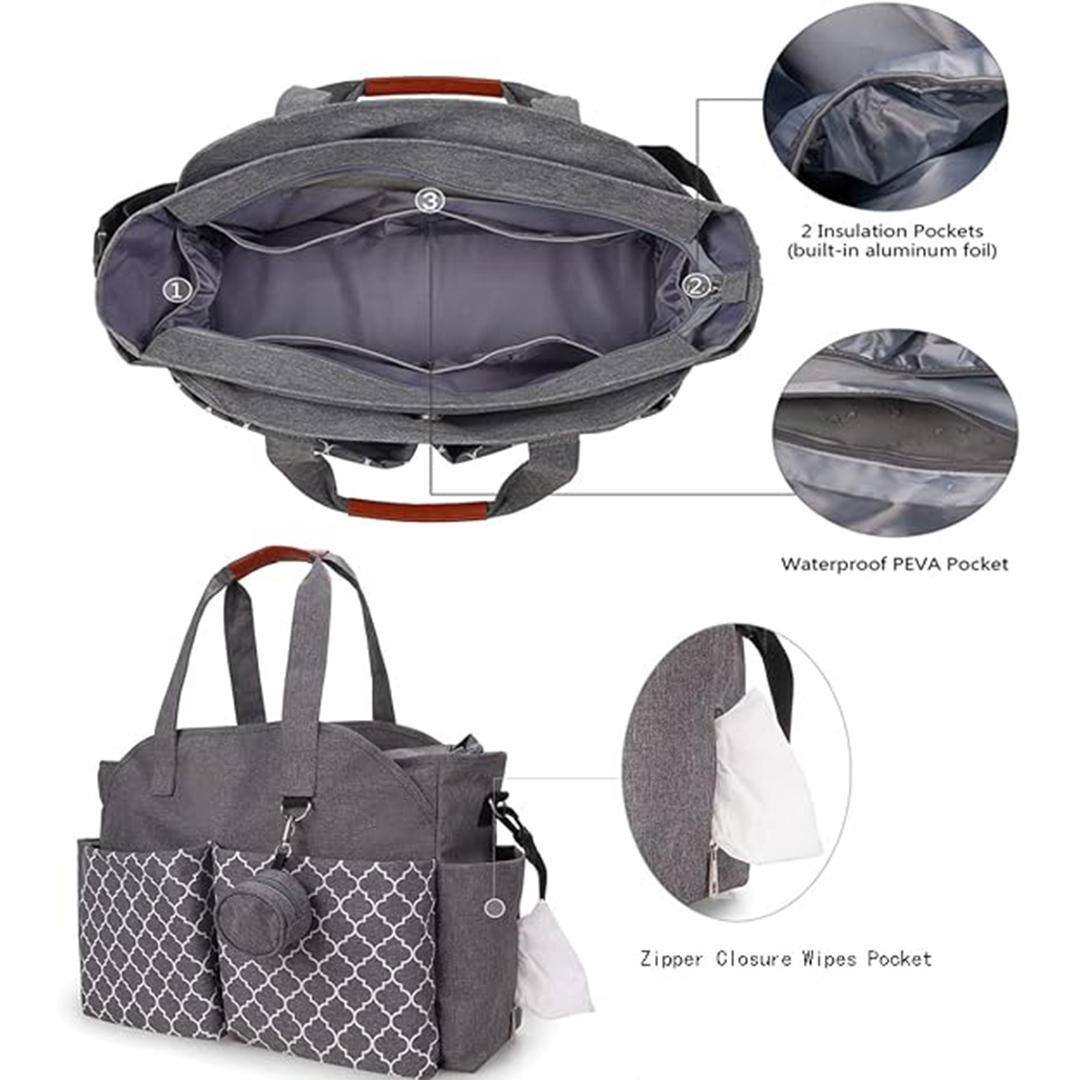 Lmbabter Unisex Diaper Tote Bag Large Capacity Baby Diaper Bag (Grey)