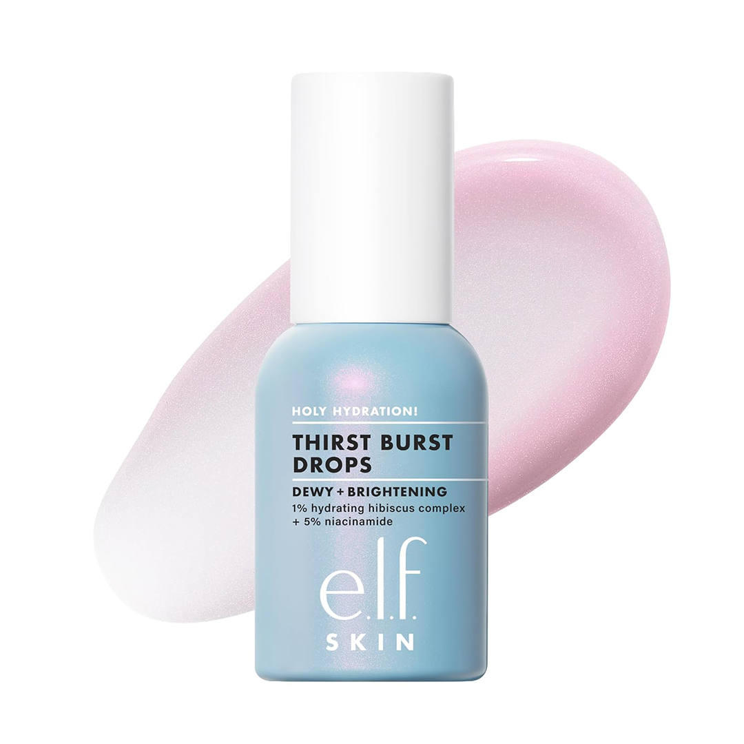 سيروم elf SKIN Holy Hydration! Thirst Burst Drops، سيروم لبشرة مشرقة فورًا ومع مرور الوقت، مصنوع من حمض الهيالورونيك، نباتي ولم يُختبر على الحيوانات.