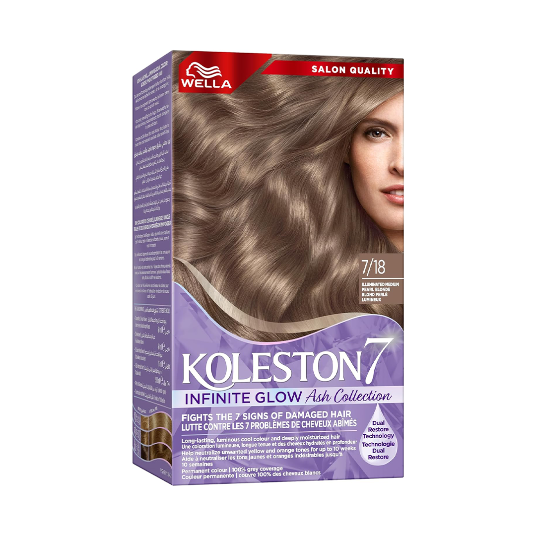 Wella Koleston Supreme Infinite Glow Ash 100% Grey Coverage, Oil-Infused, Long-Lasting Hair Color, Intense Shine & Moisture - 7/18 Illuminated Medium Pearl Blonde